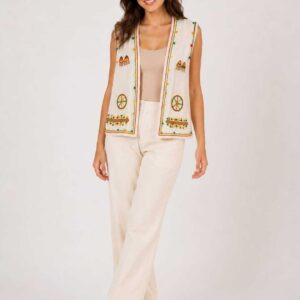 Handmade Beige Linen Vest – Hand-Embroidered by Siwan Artisans (2XL, One of a Kind)
