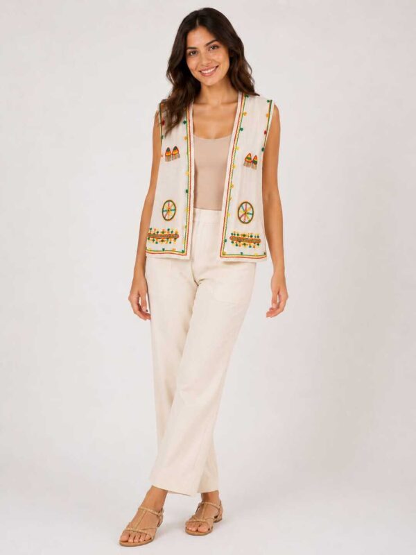 Handmade Beige Linen Vest – Hand-Embroidered by Siwan Artisans (2XL, One of a Kind)