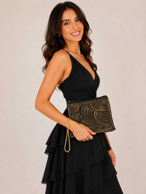 Black Suede Clutch with Handmade Golden  Bead Embroidery