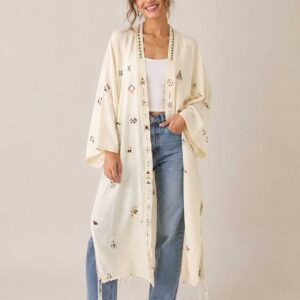Hand-Embroidered  butter yellow Long Cotton Cardigan – Egyptian Village-Inspired Size 2XL