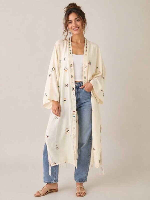 Hand-Embroidered butter yellow Long Cotton Cardigan – Egyptian Village-Inspired Size 2XL