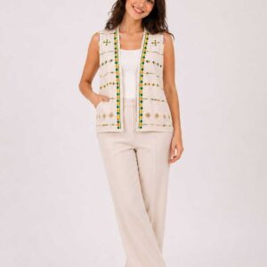 Handmade Beige Linen Vest – Hand-Embroidered by Siwan Artisans (XL, One of a Kind)