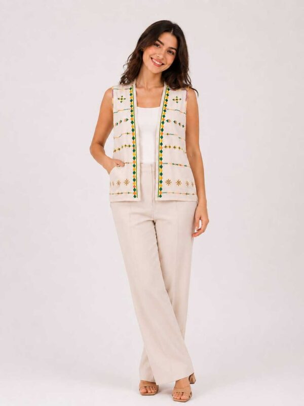 Handmade Beige Linen Vest – Hand-Embroidered by Siwan Artisans (XL, One of a Kind)