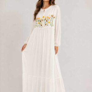 Hand-Embroidered Cotton Voile Dress with Lining & Sleeves  female artizan Design | White | Free Size up to 3XL