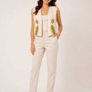 Handmade Beige Linen Vest – Hand-Embroidered by Siwan Artisans (L, One of a Kind)