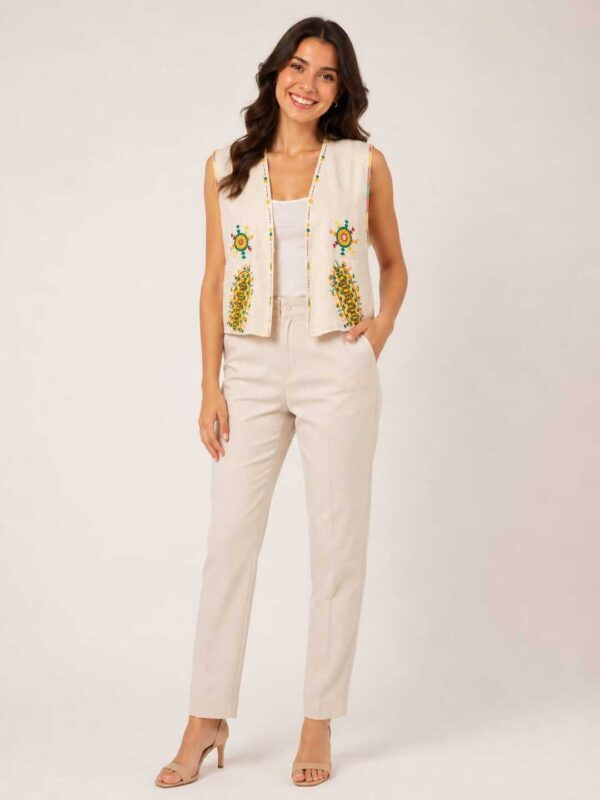 Handmade Beige Linen Vest – Hand-Embroidered by Siwan Artisans (L, One of a Kind)