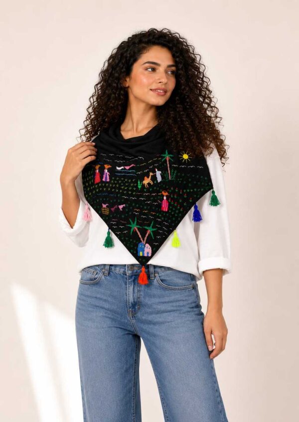 Black Hand-Embroidered Cotton Triangle Scarf – Egyptian Village Heritage