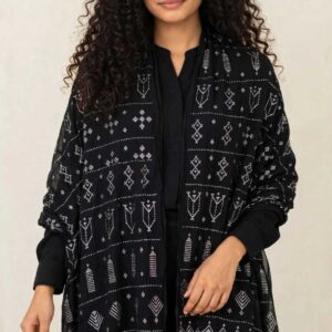 Hand-Embroidered Black Tulle Shawl with Silver-plated Threads | Sohag Women's Craft | 180x90 cm