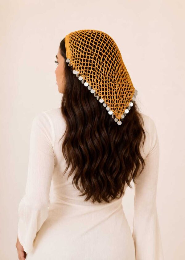 Mustard Orange Hand-Crocheted Turkish Cotton Triangle Scarf with Sequins