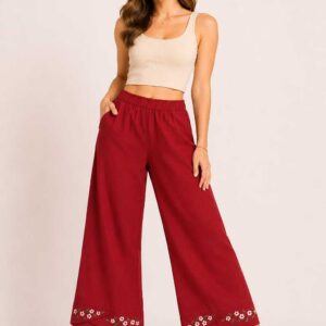 Apricot Orange Hand-Embroidered Linen Pants – Egyptian Artisan Craft -Size M