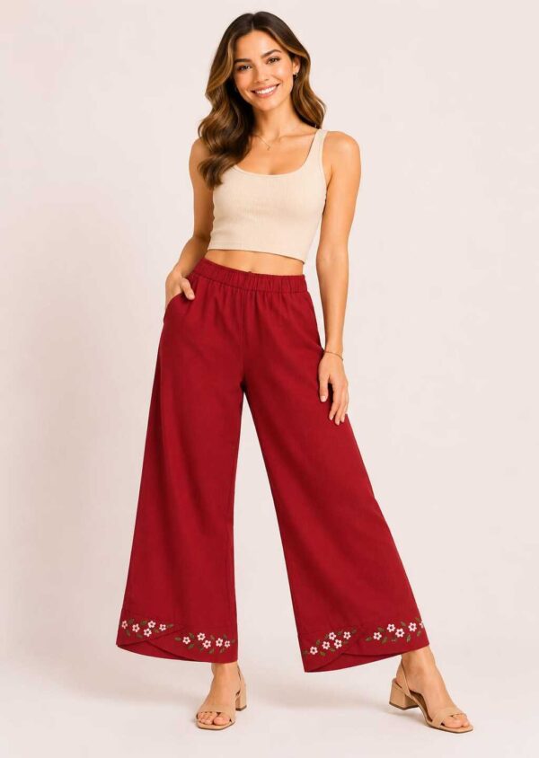 Apricot  Orange Hand-Embroidered Linen Pants – Egyptian Artisan Craft  -Size M