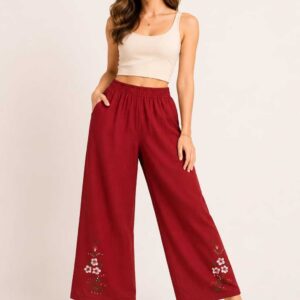 Apricot Orange Hand-Embroidered Linen Pants – Egyptian Artisan Craft -Size M