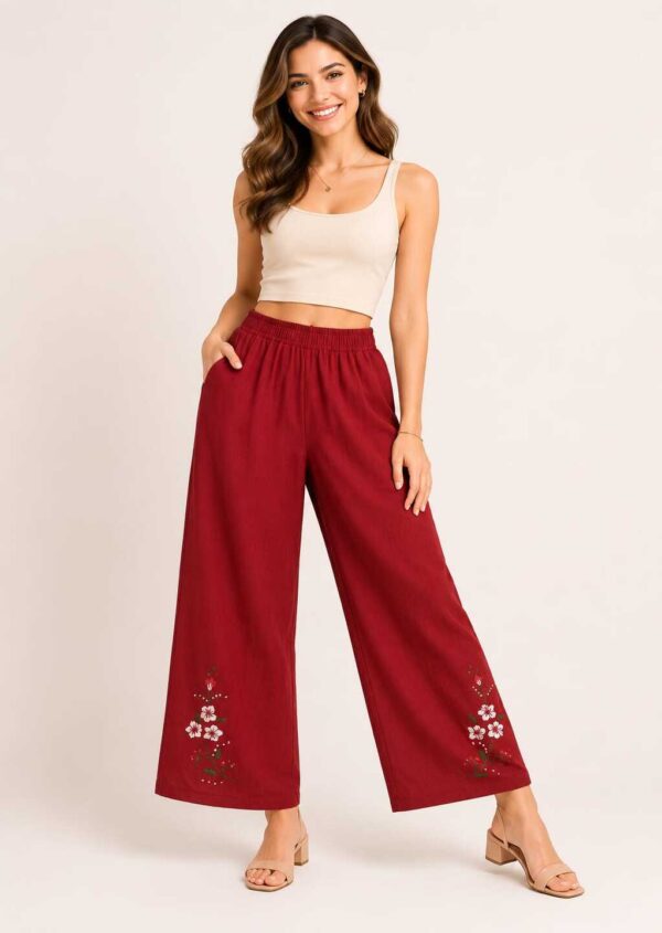Apricot  Orange Hand-Embroidered Linen Pants – Egyptian Artisan Craft  -Size M
