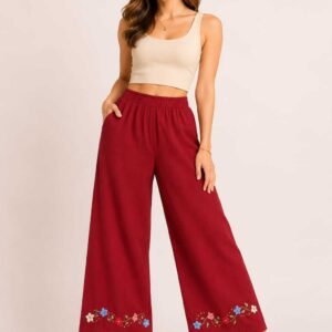 Apricot Orange Hand-Embroidered Linen Pants – Egyptian Artisan Craft -Size M