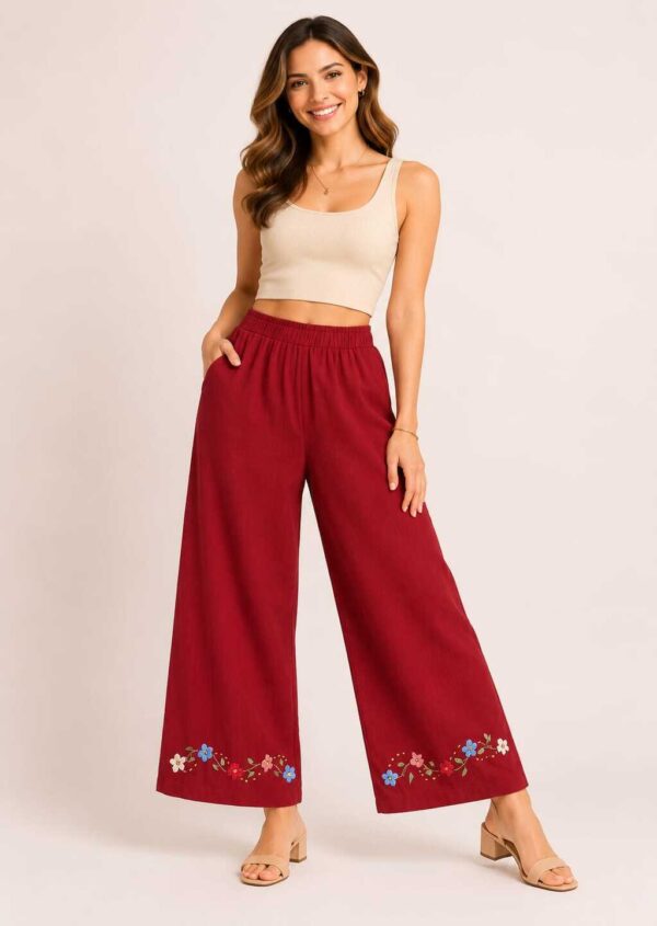 Apricot  Orange Hand-Embroidered Linen Pants – Egyptian Artisan Craft  -Size M