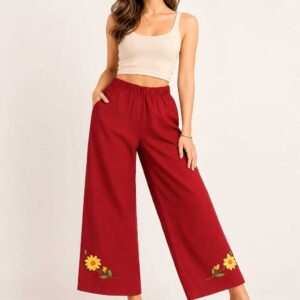 Apricot Orange Hand-Embroidered Linen Pants – Egyptian Artisan Craft -Size M