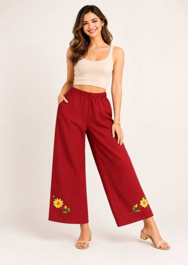 Apricot  Orange Hand-Embroidered Linen Pants – Egyptian Artisan Craft  -Size M