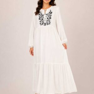Hand-Embroidered Cotton Voile Dress with Lining & Sleeves  female artizan Design | White | Free Size up to 2XL