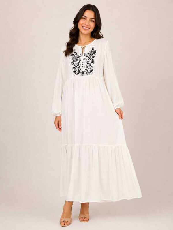 Hand-Embroidered Cotton Voile Dress with Lining & Sleeves  female artizan Design | White | Free Size up to 2XL