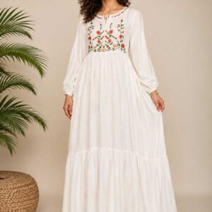 Hand-Embroidered Cotton Voile Dress with Lining & Sleeves  female artizan Design | White | Free Size up to 3XL