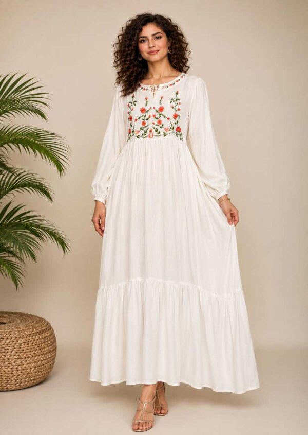 Hand-Embroidered Cotton Voile Dress with Lining & Sleeves female artizan Design | White | Free Size up to 3XL