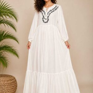 Hand-Embroidered Cotton Voile Dress with Lining & Sleeves  female artizan Design | White |  Size XL