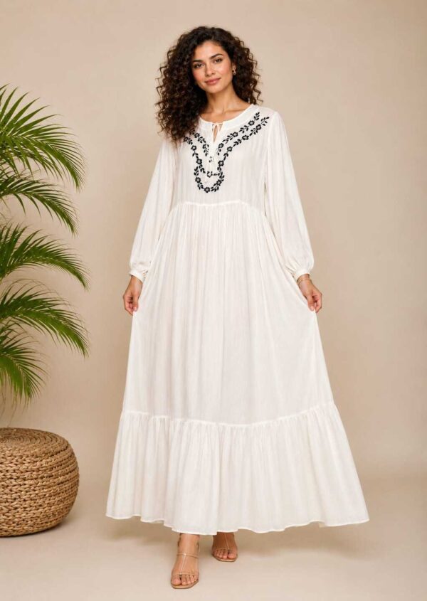 Hand-Embroidered Cotton Voile Dress with Lining & Sleeves  female artizan Design | White |  Size XL