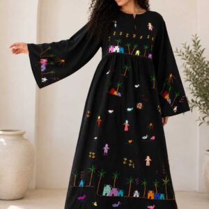 Black spanish linen Dress | Hand-Embroidered by Sohag Women with Village-Inspired Motifs | Size free size up to 3XL