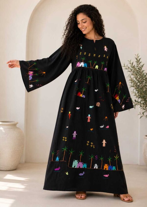 Black spanish linen Dress | Hand-Embroidered by Sohag Women with Village-Inspired Motifs | Size free size up to 3XL