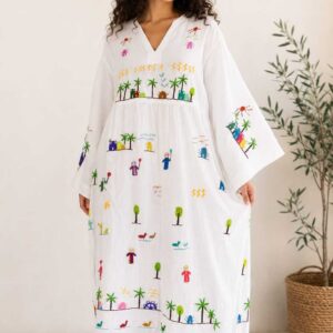 White spanish linen Dress | Hand-Embroidered by Sohag Women with Village-Inspired Motifs | Size free size up to 3XL