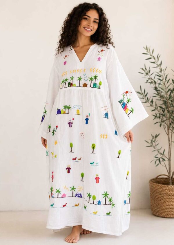White spanish linen Dress | Hand-Embroidered by Sohag Women with Village-Inspired Motifs | Size free size up to 3XL