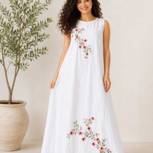 White Sleeveless Cotton Dress with Authentic Handmade Floral Embroidery Size 3XL