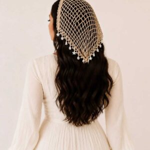 Dark Beige Hand-Crocheted Turkish Cotton Triangle Scarf with beads