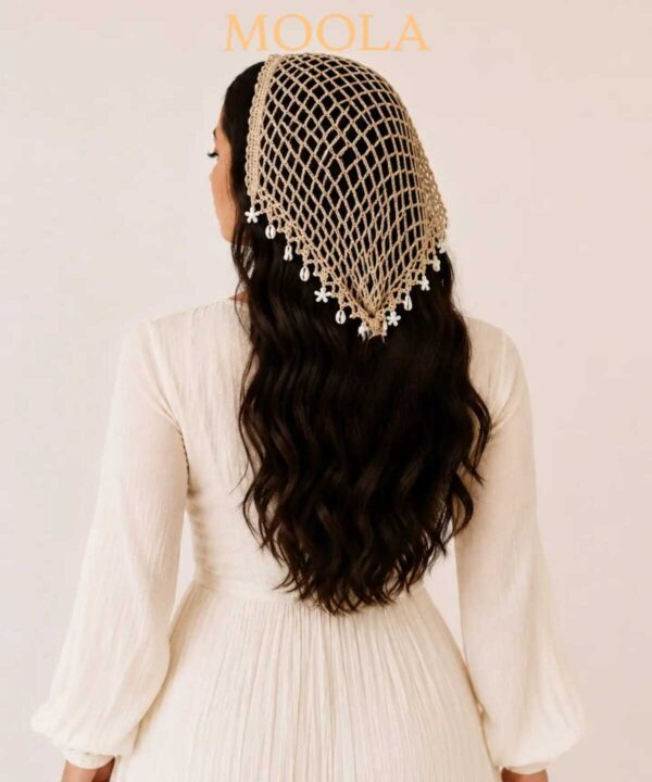 Dark Beige Hand-Crocheted Turkish Cotton Triangle Scarf with beads