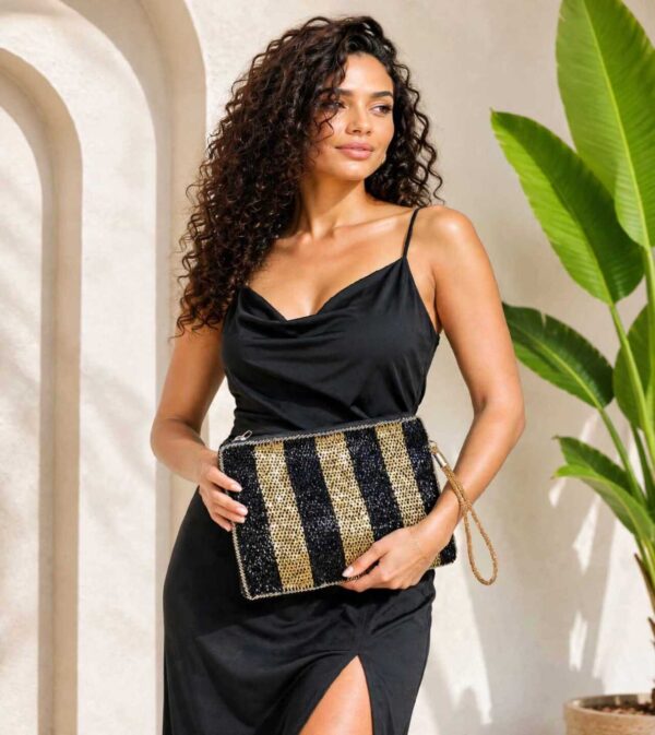 Black Suede Clutch with Handmade Golden  Bead Embroidery