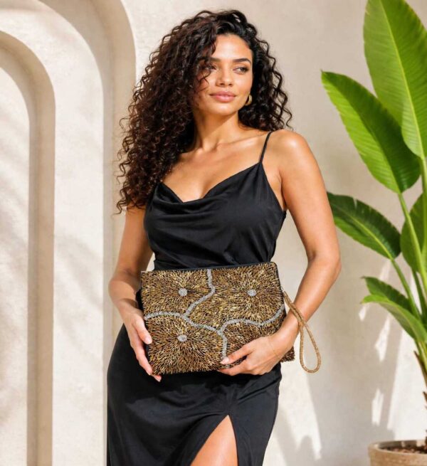 Black Suede Clutch with Handmade Golden  Bead Embroidery