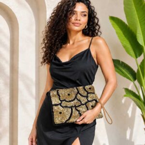 Black Suede Clutch with Handmade Golden  Bead Embroidery